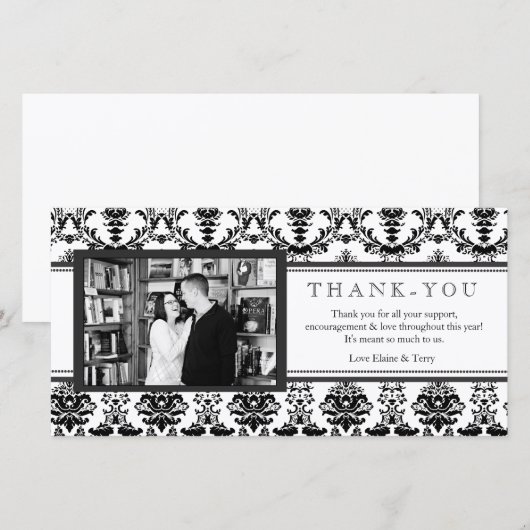 Moderne Damask zwart-wit bedankkaart met foto (Voorkant / Achterkant)