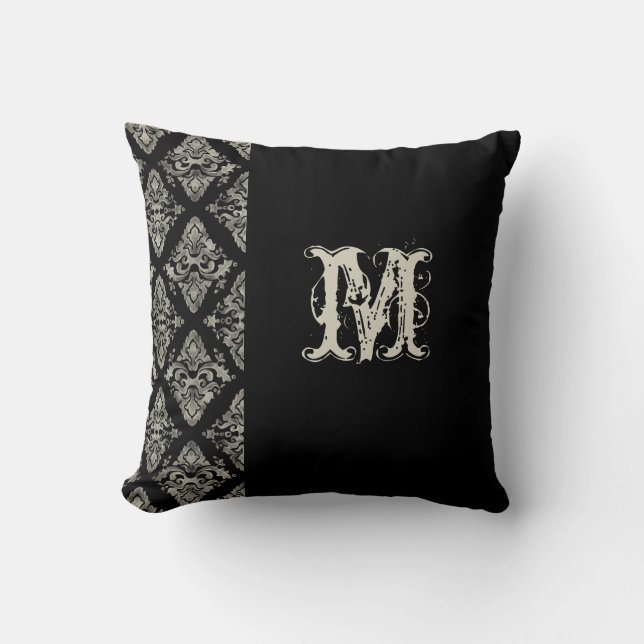 Moderne Damast Hand geschilderd Monogrammed Decor Kussen (Voorkant)