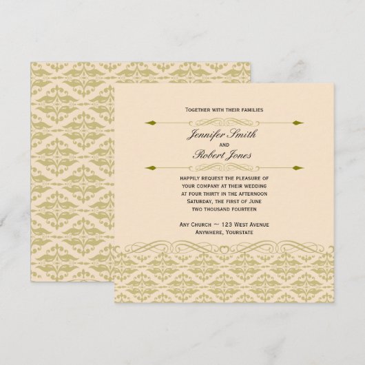 Moderne Damast in Ivoor en Gouden Bruiloft Uitnodi Kaart (Voorkant / Achterkant)