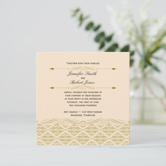 Moderne Damast in Ivoor en Gouden Bruiloft Uitnodi Kaart (Staand voorkant)
