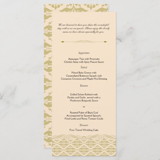 Moderne Damast in Ivoor Goud Bruiloft Menu (Voorkant / Achterkant)