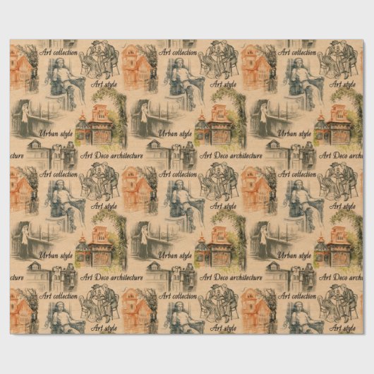 Moderne dames en huizen cadeaupapier (Vlak)