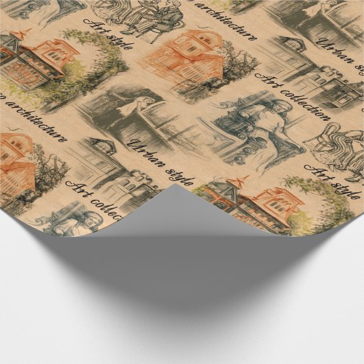 Moderne dames en huizen cadeaupapier (Hoek)