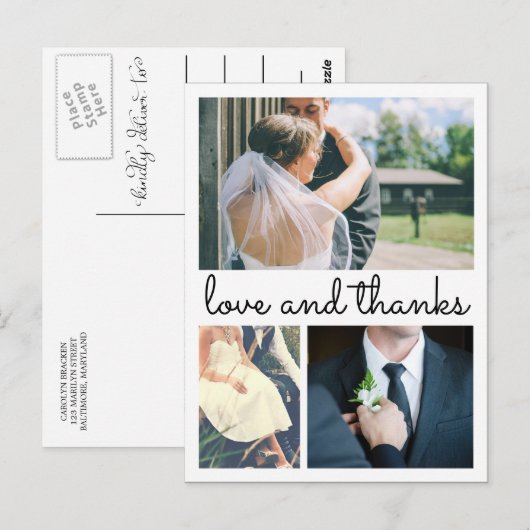 Moderne dank u handgeschreven drie trouwfoto's briefkaart (Voorkant / Achterkant)