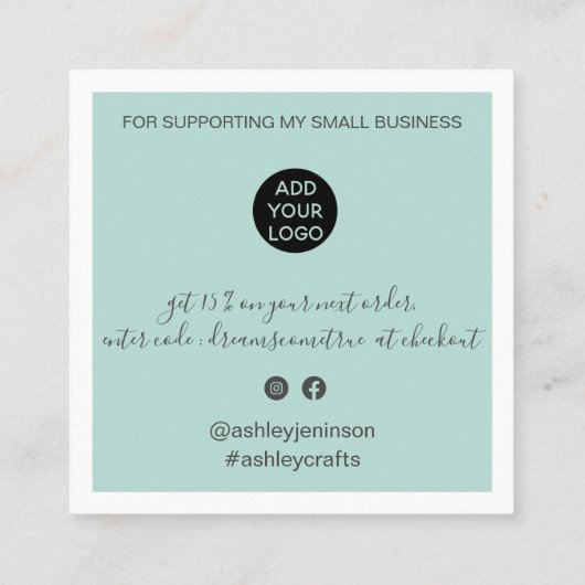 Moderne dank u manuscriptorde minimaal blauwgroen  vierkante visitekaartje (Achterkant)