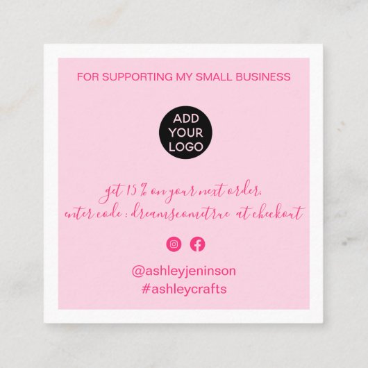 Moderne dank u manuscriptorde minimale retro roze vierkante visitekaartje (Achterkant)