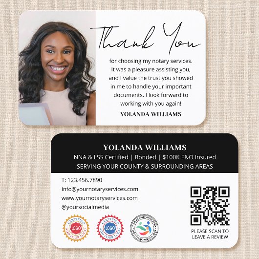 Moderne dank u Notaris Openbare foto QR-code Zwart Visitekaartje