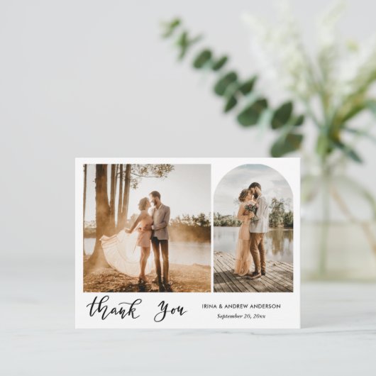 Moderne dank u script bruiloft foto's briefkaart (Staand voorkant)