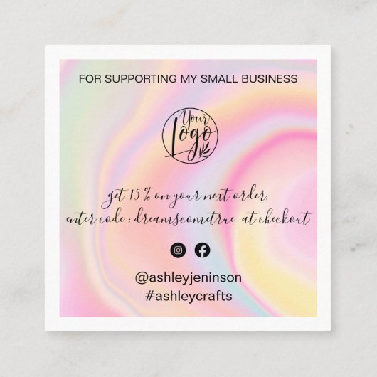 Moderne dank u script orde holografisch vierkante visitekaartje (Achterkant)