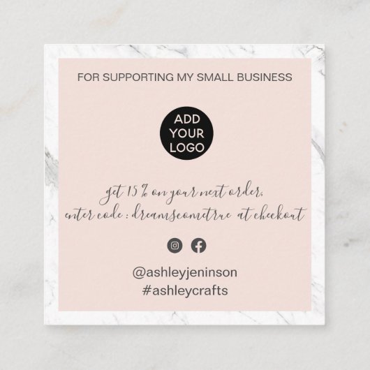 Moderne dank u script orde marmeren blush roze vierkante visitekaartje (Achterkant)