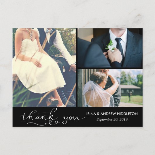 Moderne dank u witte script drie bruiloft foto's briefkaart (Voorkant)