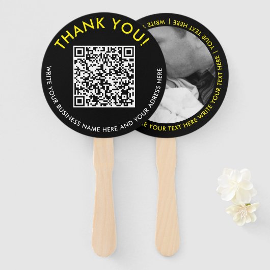 Moderne Dank Zwart Geel Website QR Code Foto Handwaaier (Voorkant en achterkant)