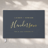Moderne Dark Navy en Gouden Familienaam Trouwen Gastenboek