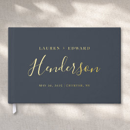 Moderne Dark Navy en Gouden Familienaam Trouwen Gastenboek