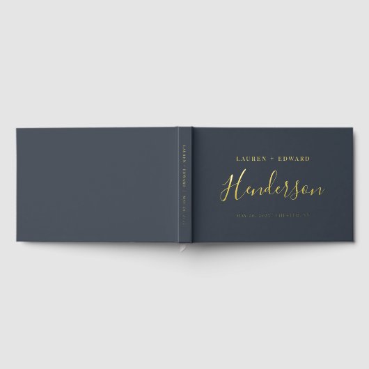 Moderne Dark Navy en Gouden Familienaam Trouwen Gastenboek (Volledig)