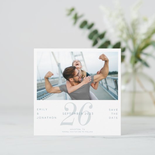 Moderne datum foto blauw save the date (Staand voorkant)