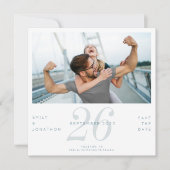 Moderne datum foto blauw save the date (Voorkant)