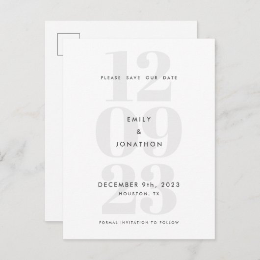 Moderne datumnummertypografie grijs aankondigingskaart (Voorkant / Achterkant)