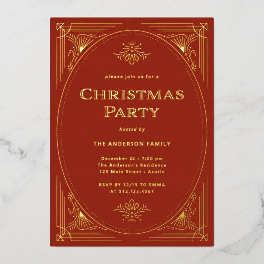 Moderne deco | Elegant rood kerstfeest goud Folie Uitnodiging (Voorkant)