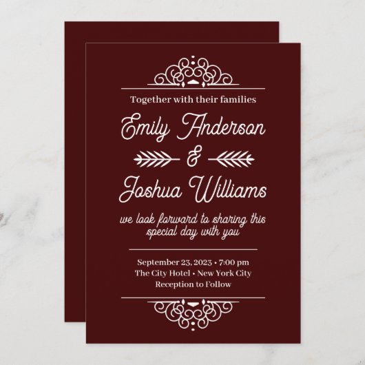 Moderne deco | Elegante Maroon en witte bruiloft Kaart (Voorkant / Achterkant)