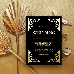 Moderne Deco   Elegante Trouw Bruin en Goud Folie Uitnodiging