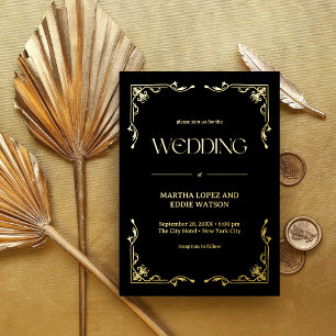 Moderne Deco   Elegante Trouwdag Zwart en Goud Folie Uitnodiging