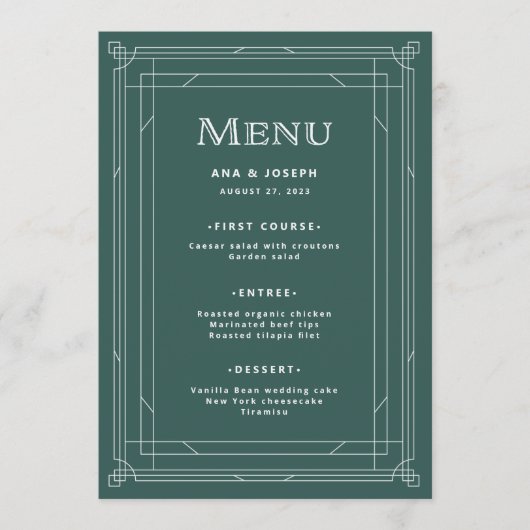 Moderne deco | Elegante vakantie groene bruiloft Menu (Voorkant)