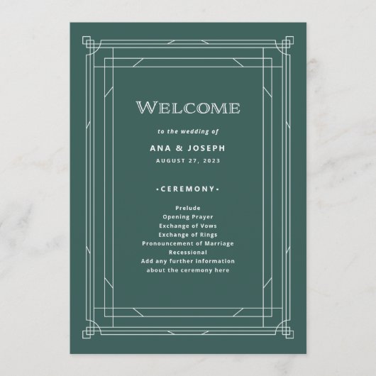 Moderne deco | Elegante vakantie groene bruiloft Programmakaart (Voorkant)