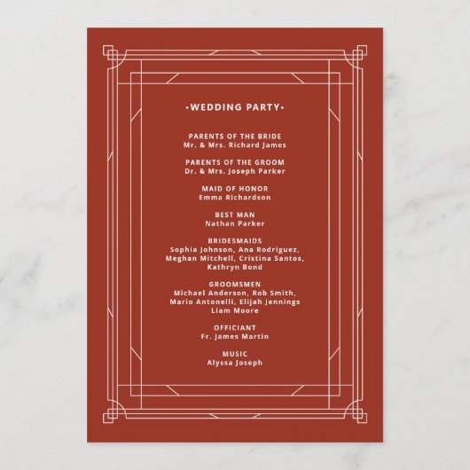 Moderne deco | Elegante vakantie rode bruiloft Programmakaart (Achterkant)