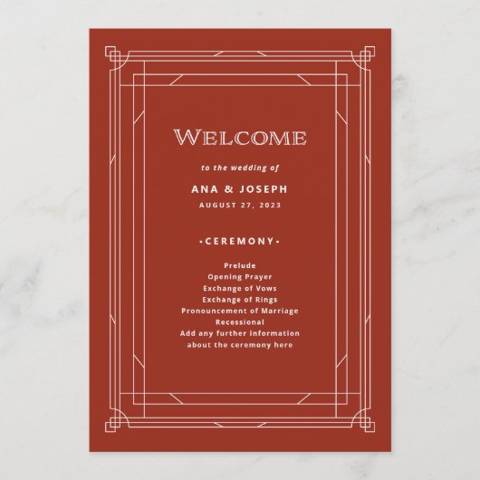Moderne deco | Elegante vakantie rode bruiloft Programmakaart (Voorkant)