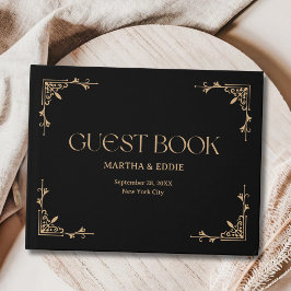Moderne Deco | Elegante Zwarte en Gouden Bruiloft Gastenboek