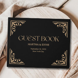 Moderne Deco | Elegante Zwarte en Gouden Bruiloft Gastenboek