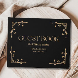 Moderne Deco | Elegante Zwarte en Gouden Bruiloft Gastenboek