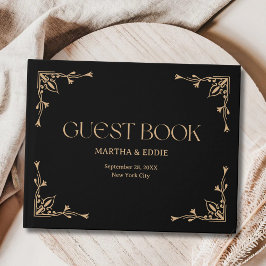 Moderne Deco | Elegante Zwarte en Gouden Bruiloft Gastenboek