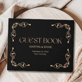 Moderne Deco | Elegante Zwarte en Gouden Bruiloft Gastenboek