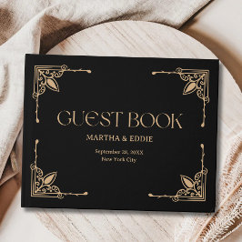 Moderne Deco | Elegante Zwarte en Gouden Bruiloft Gastenboek