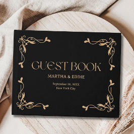 Moderne Deco | Elegante Zwarte en Gouden Bruiloft Gastenboek