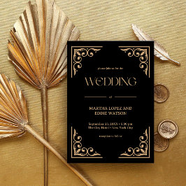 Moderne Deco | Elegante Zwarte en Gouden Bruiloft Kaart