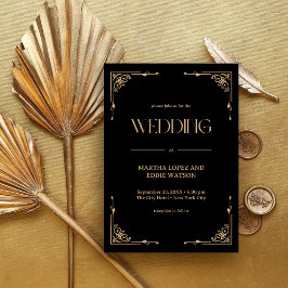 Moderne Deco | Elegante Zwarte en Gouden Bruiloft Kaart