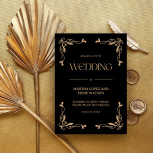 Moderne Deco   Elegante Zwarte en Gouden Bruiloft Kaart