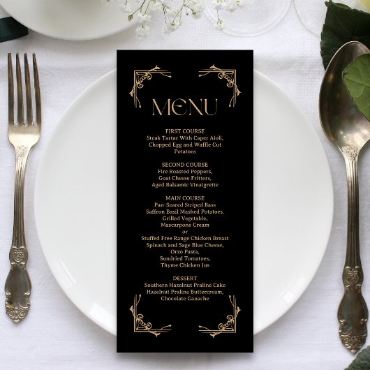 Moderne Deco | Elegante Zwarte en Gouden Bruiloft Menu