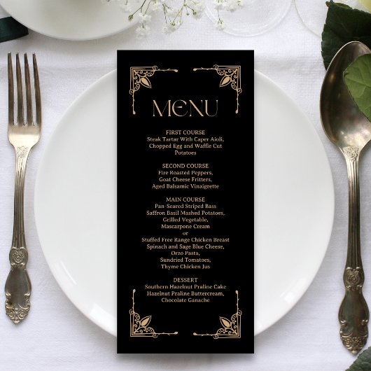 Moderne Deco | Elegante Zwarte en Gouden Bruiloft Menu