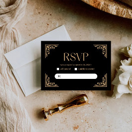 Moderne Deco | Elegante Zwarte en Gouden Bruiloft RSVP Kaartje