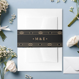 Moderne Deco | Elegante Zwarte en Nagemaakte Goude Uitnodigingen Wikkel