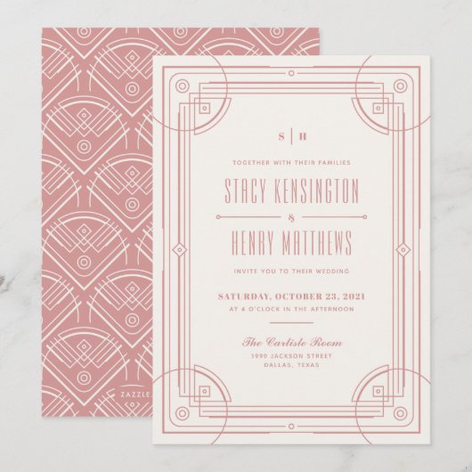 Moderne Deco Frame Trouw Uitnodiging - Roos (Voorkant / Achterkant)