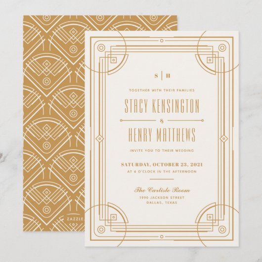 Moderne Deco Frame Trouw Uitnodiging - Taupe (Voorkant / Achterkant)