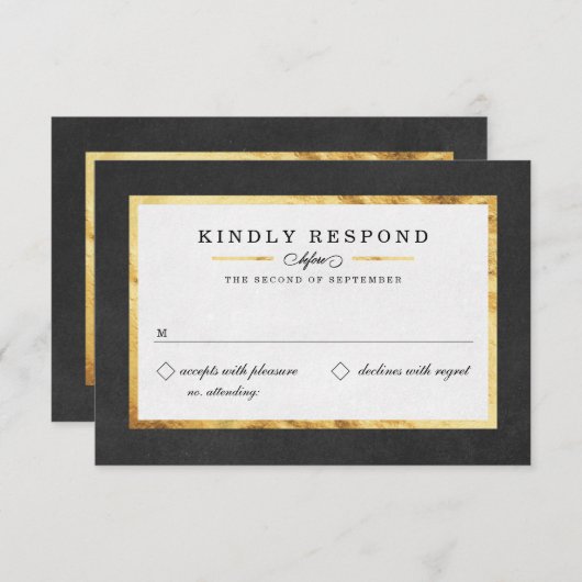 Moderne deco Gold- en zwarte RSVP-kaarten RSVP Kaartje (Voorkant / Achterkant)
