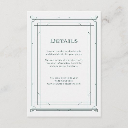 Moderne Deco Groene en Zilveren Bruiloft Gast Deta Informatiekaartje (Voorkant)