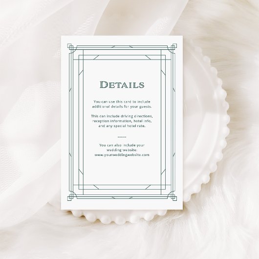 Moderne Deco Groene en Zilveren Bruiloft Gast Deta Informatiekaartje