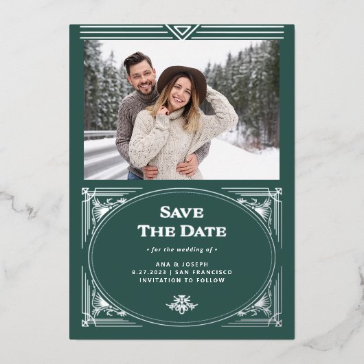 Moderne deco | Groene vakantiefoto Save the Date Folie Uitnodiging (Voorkant)